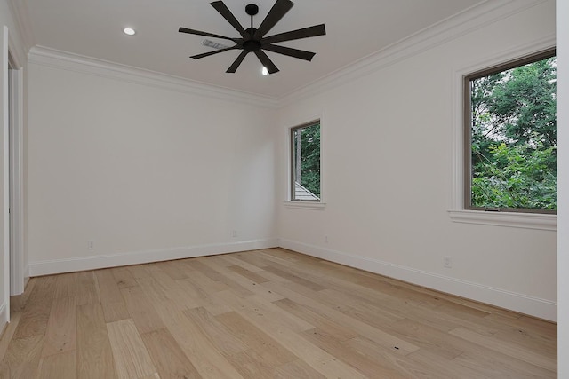unfurnished room with light wood-style floors, crown molding, ceiling fan, baseboards, and recessed lighting