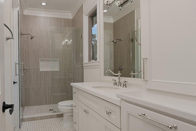 full bathroom with recessed lighting, toilet, ornamental molding, a shower stall, and vanity