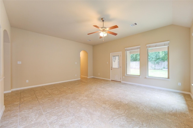 22526 Forbes Field Trl, Spring, TX 77389 - spare room featuring arched walkways, baseboards, visible vents, and a ceiling fan