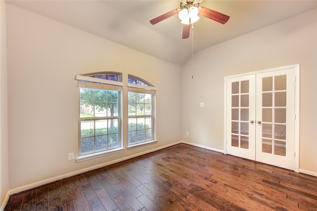22526 Forbes Field Trl, Spring, TX 77389 - unfurnished room featuring lofted ceiling, french doors, baseboards, ceiling fan, and dark wood-type flooring