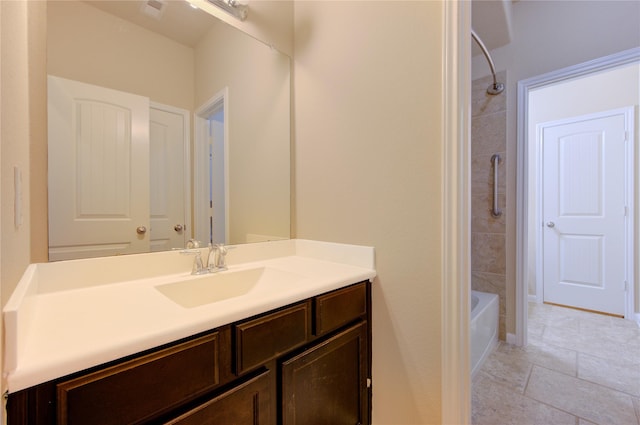 22526 Forbes Field Trl, Spring, TX 77389 - bathroom with washtub / shower combination, tile patterned flooring, and vanity