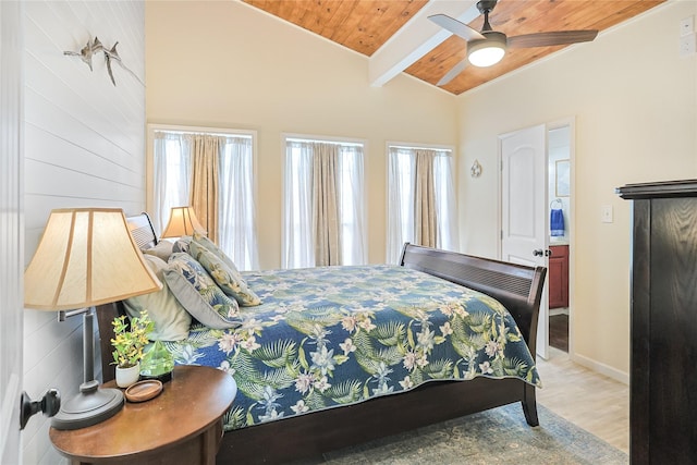 bedroom featuring light wood finished floors, a ceiling fan, vaulted ceiling with beams, baseboards, and wooden ceiling