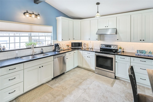 kitchen with under cabinet range hood, dark countertops, stainless steel appliances, and a sink