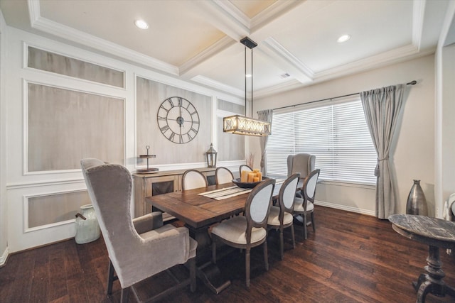 dining room featuring crown molding, coffered ceiling, wood finished floors, beamed ceiling, and baseboards