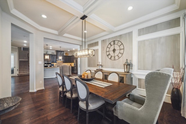 dining room featuring dark wood-type flooring, crown molding, beam ceiling, recessed lighting, and a chandelier