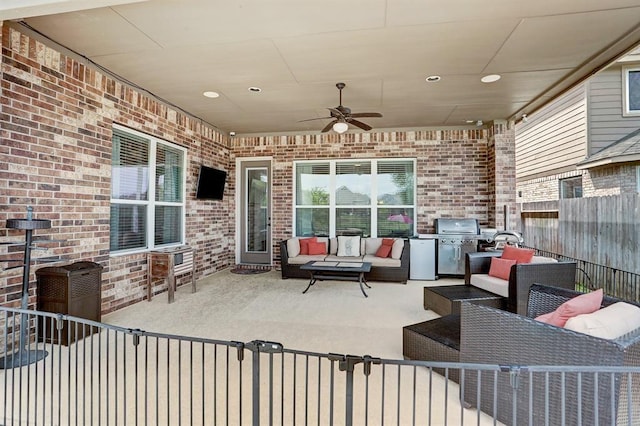 view of patio / terrace featuring an outdoor living space, ceiling fan, grilling area, and area for grilling