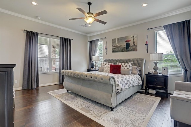 bedroom with baseboards, dark wood-type flooring, recessed lighting, crown molding, and a ceiling fan