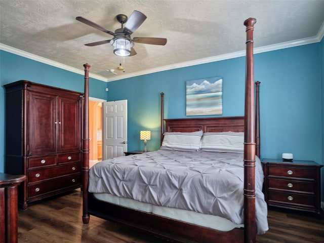 23623 Breckenridge Forest Dr, Spring, TX 77373 - bedroom with crown molding, a ceiling fan, visible vents, and dark wood finished floors