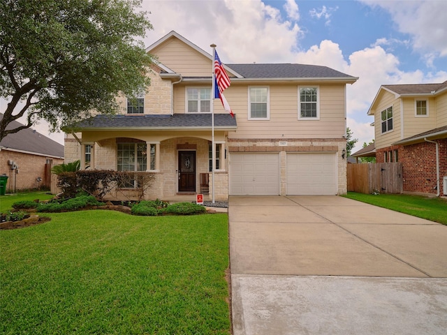 23623 Breckenridge Forest Dr, Spring, TX 77373 - view of front facade with fence, an attached garage, concrete driveway, a front yard, and a porch