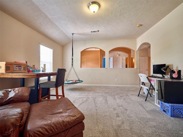23623 Breckenridge Forest Dr, Spring, TX 77373 - living area featuring a textured ceiling, baseboards, carpet flooring, visible vents, and vaulted ceiling