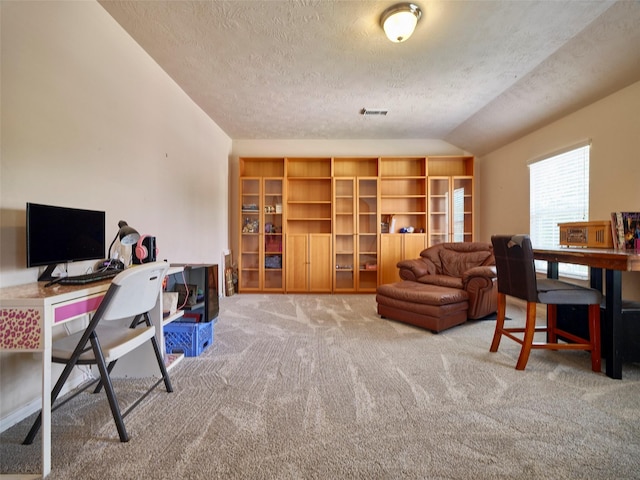 23623 Breckenridge Forest Dr, Spring, TX 77373 - carpeted home office featuring lofted ceiling, a textured ceiling, and visible vents
