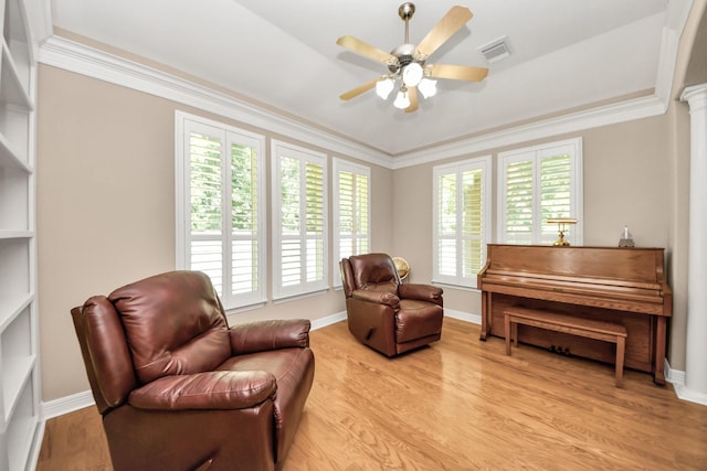 3818 Rose Grove Ln, Katy, TX 77494 - sitting room featuring ceiling fan, crown molding, light wood-type flooring, and baseboards