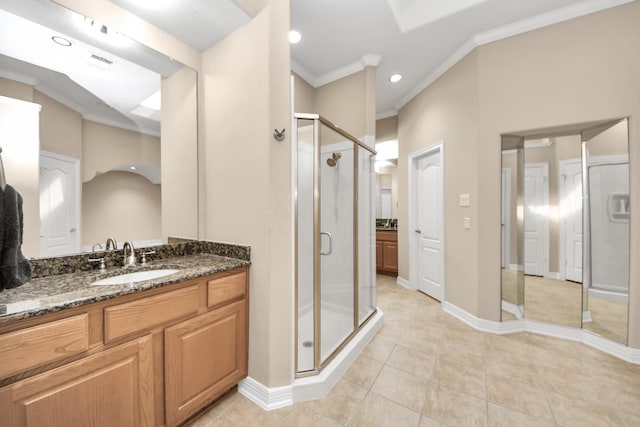3818 Rose Grove Ln, Katy, TX 77494 - bathroom with vanity, a stall shower, crown molding, tile patterned flooring, and recessed lighting