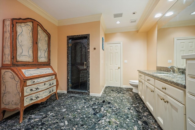 8722 Stable Crest Blvd, Houston, TX 77024 - full bath with a shower stall, vanity, toilet, ornamental molding, and baseboards