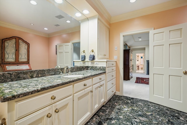 8722 Stable Crest Blvd, Houston, TX 77024 - bathroom featuring vanity, ornamental molding, and recessed lighting