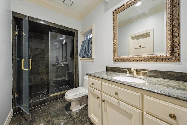 8722 Stable Crest Blvd, Houston, TX 77024 - bathroom featuring toilet, ornamental molding, a shower stall, and vanity