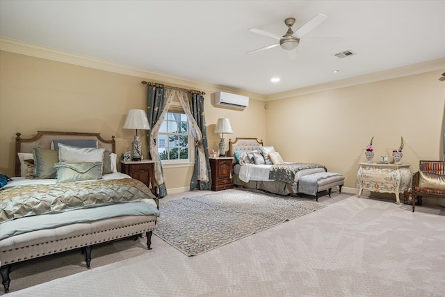 8722 Stable Crest Blvd, Houston, TX 77024 - bedroom with a wall mounted AC, crown molding, baseboards, carpet floors, and a ceiling fan