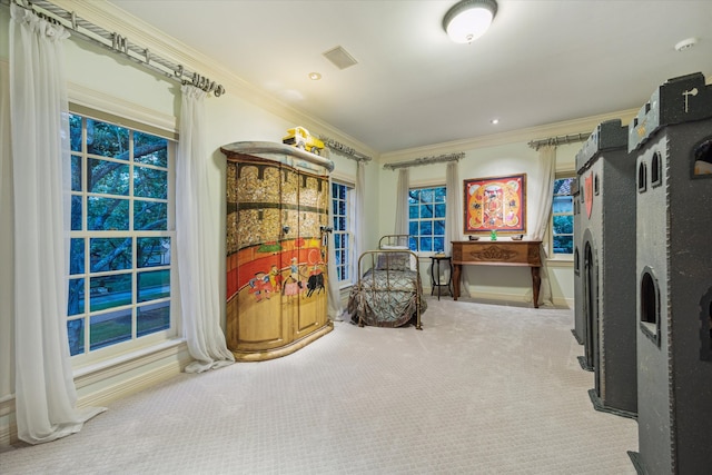 8722 Stable Crest Blvd, Houston, TX 77024 - living area with crown molding, carpet floors, and baseboards