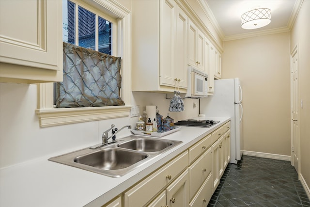 8722 Stable Crest Blvd, Houston, TX 77024 - kitchen featuring a sink, white microwave, light countertops, ornamental molding, and stovetop
