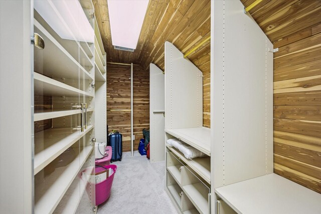 8722 Stable Crest Blvd, Houston, TX 77024 - walk in closet featuring carpet, vaulted ceiling, and a skylight