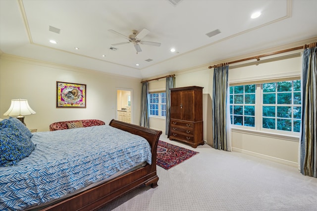 8722 Stable Crest Blvd, Houston, TX 77024 - bedroom with carpet floors, multiple windows, a tray ceiling, ornamental molding, and ceiling fan