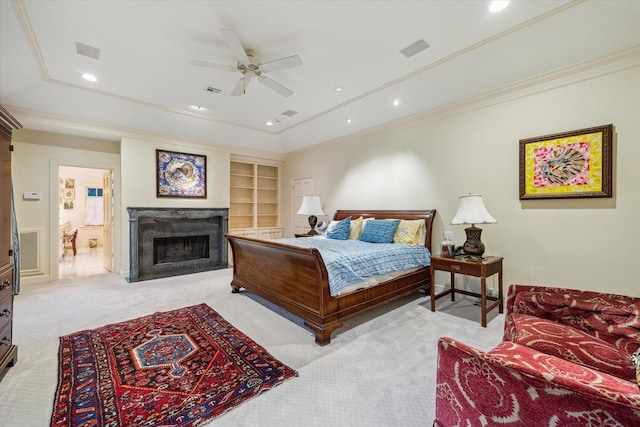 8722 Stable Crest Blvd, Houston, TX 77024 - carpeted bedroom featuring a fireplace, ornamental molding, recessed lighting, a ceiling fan, and ensuite bath