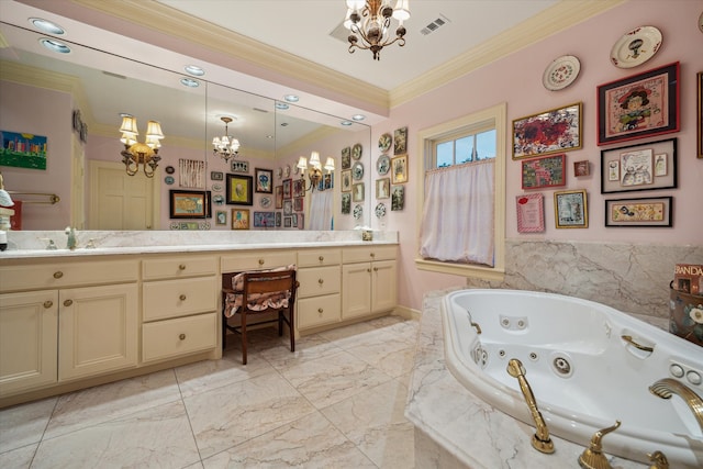 8722 Stable Crest Blvd, Houston, TX 77024 - full bath featuring a chandelier, ornamental molding, double vanity, a jetted tub, and marble finish flooring