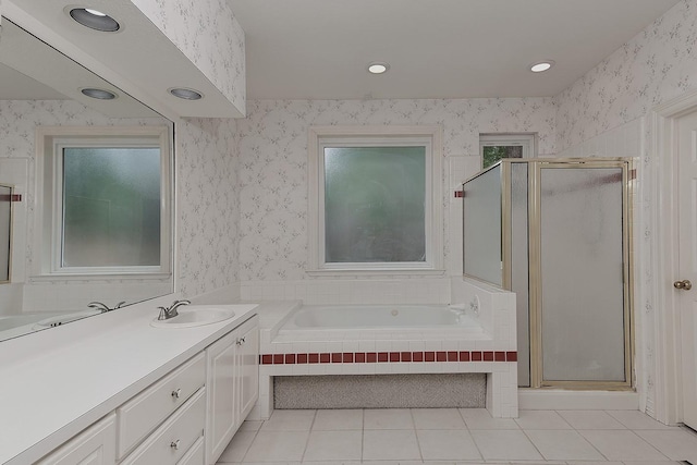 full bath with a shower stall, tile patterned floors, and wallpapered walls