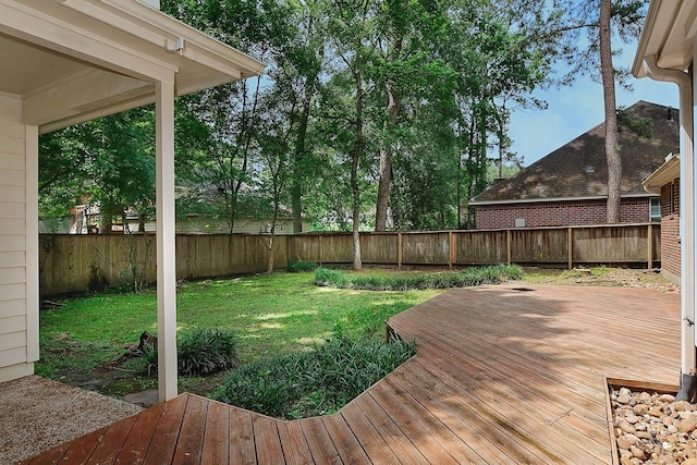 deck with a lawn and a fenced backyard