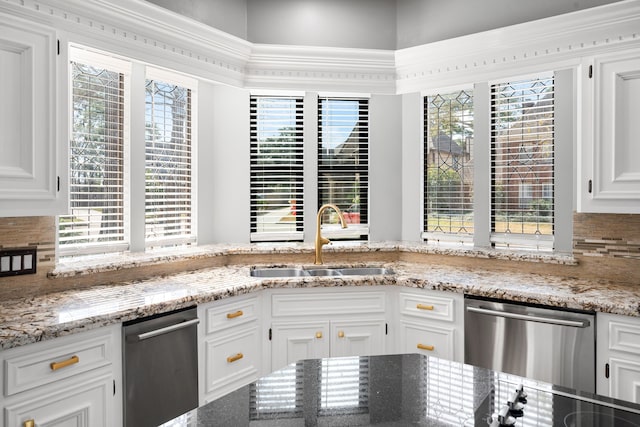 12414 Laneview Dr, Houston, TX 77070 - kitchen featuring a sink, stainless steel dishwasher, backsplash, and white cabinets