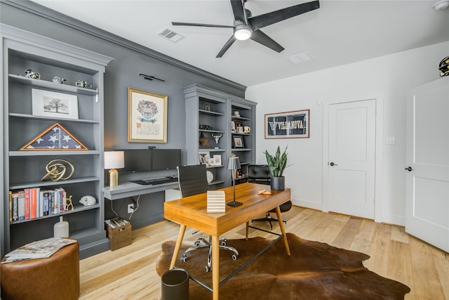 office space with a ceiling fan and light wood-style floors