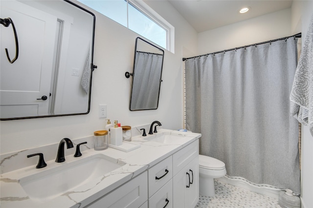 full bath featuring toilet, double vanity, recessed lighting, and a shower with shower curtain