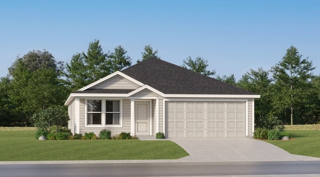 ranch-style home featuring an attached garage, concrete driveway, a shingled roof, and a front lawn