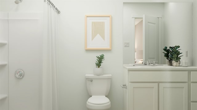bathroom featuring walk in shower, vanity, and toilet