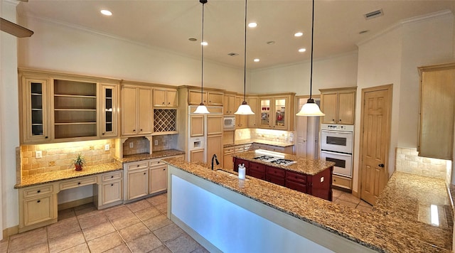 108 W Pines Dr, Montgomery, TX 77356 - kitchen featuring white appliances, crown molding, tasteful backsplash, light tile patterned flooring, and a sink