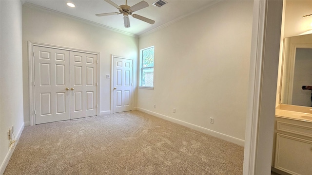 108 W Pines Dr, Montgomery, TX 77356 - unfurnished bedroom with light carpet, ornamental molding, baseboards, and ceiling fan