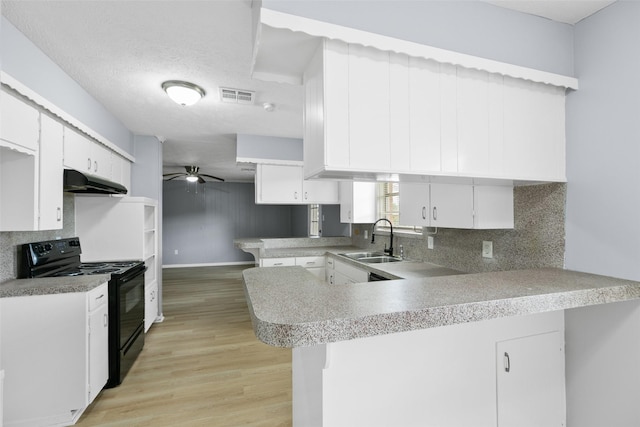 4517 Coachman Dr, Baytown, TX 77521 - kitchen with under cabinet range hood, ceiling fan, a sink, a peninsula, and black range with electric stovetop