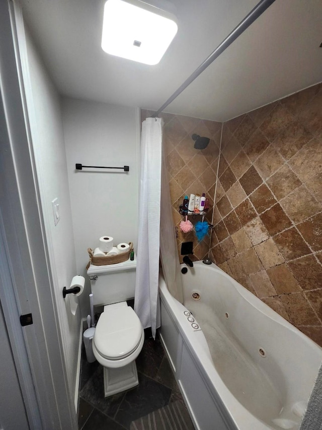 full bath with a combined bath / shower with jetted tub and toilet