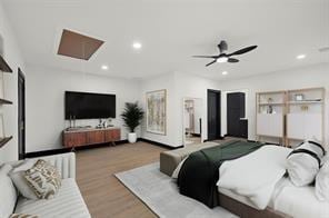 bedroom featuring wood finished floors, recessed lighting, and ceiling fan