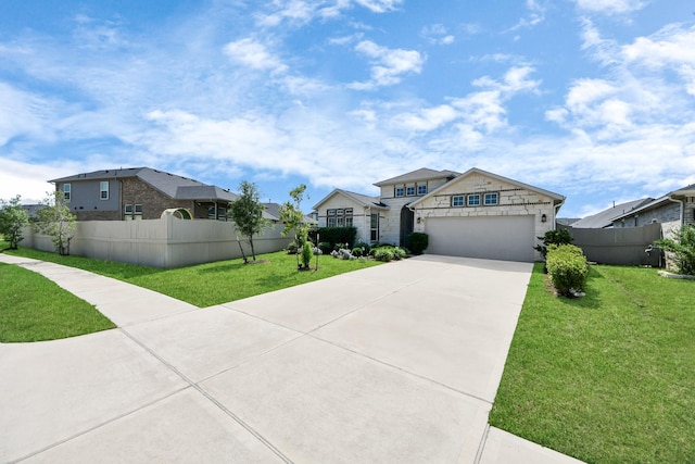 view of front of property featuring driveway, a garage, a residential view, and stone siding