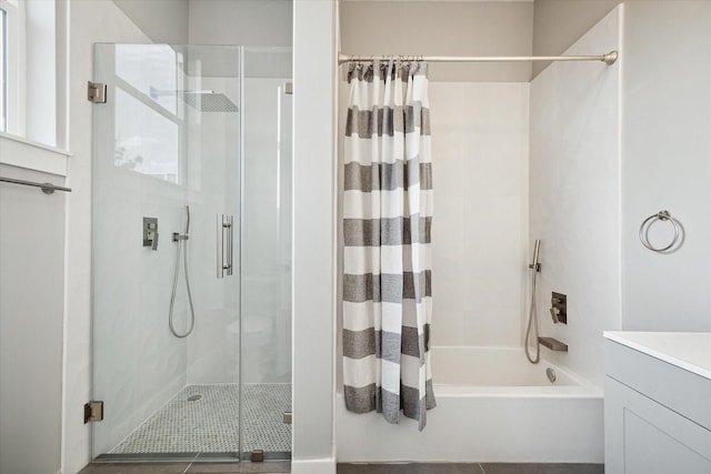 full bathroom featuring vanity, shower / tub combo, and tile patterned floors