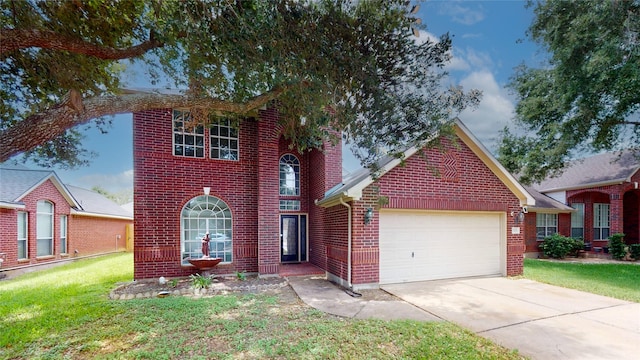 traditional-style home featuring concrete driveway, a front lawn, brick siding, and an attached garage