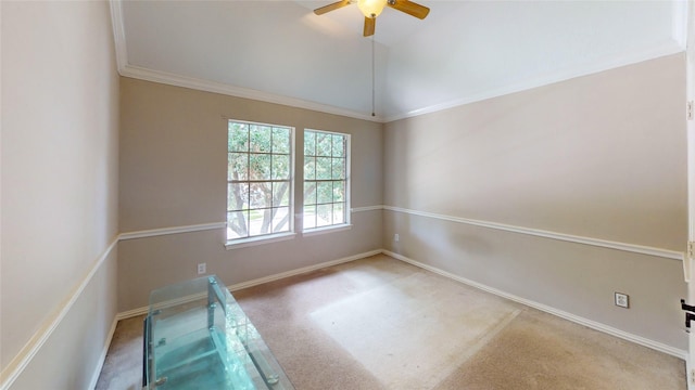 unfurnished room with vaulted ceiling, ceiling fan, carpet, and baseboards