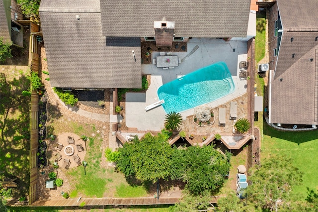 view from above of property featuring a pool