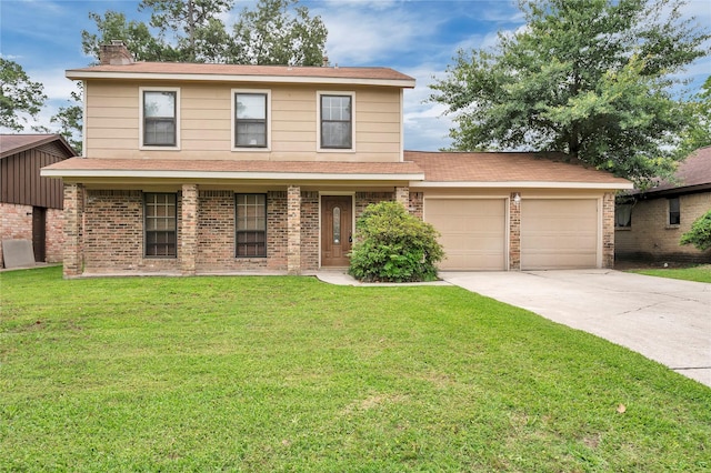 2422 Deasa Dr, Spring, TX 77373 - traditional-style house with brick siding, driveway, a chimney, and a garage