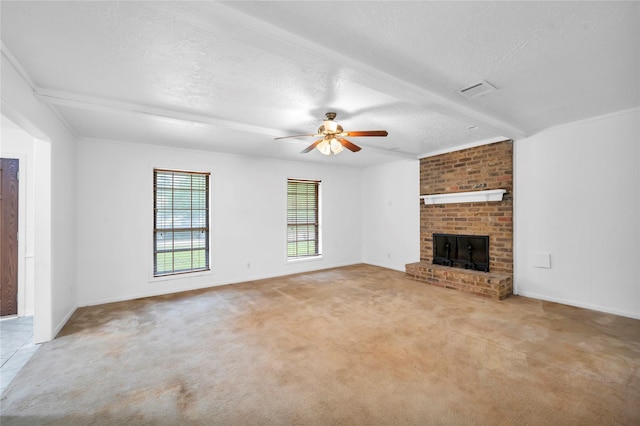 2422 Deasa Dr, Spring, TX 77373 - unfurnished living room with carpet, a brick fireplace, ceiling fan, and a textured ceiling