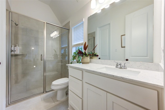 20447 Avelignese Way, Tomball, TX 77377 - full bathroom featuring toilet, a stall shower, tile patterned floors, vanity, and lofted ceiling