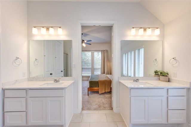 20447 Avelignese Way, Tomball, TX 77377 - bathroom featuring tile patterned floors, vaulted ceiling, ceiling fan, and a sink