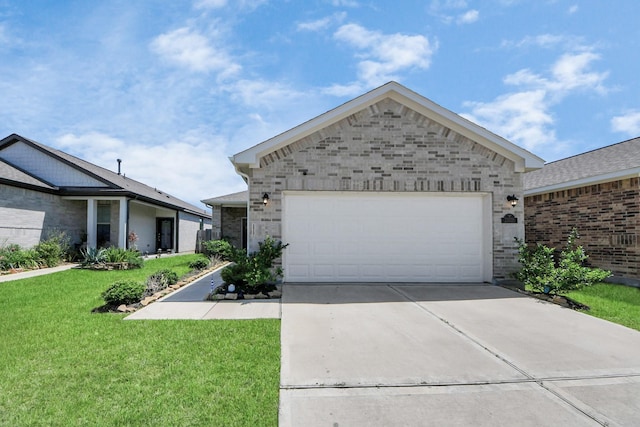 ranch-style house with a front lawn, concrete driveway, brick siding, and an attached garage