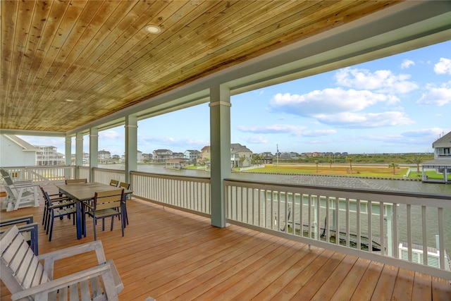 deck featuring a water view and outdoor dining space
